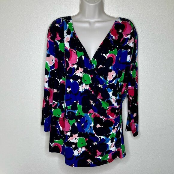 Talbots Black Multi Color Floral Surplice Wrap Top 3/4 Sleeve Women Size Large - Picture 10 of 10